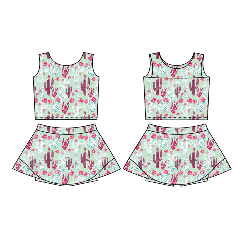 Preorder (moq 5)Baby Girls Green Sleeveless Red Cactus Flowers Vest Top Skorts Yoga Set