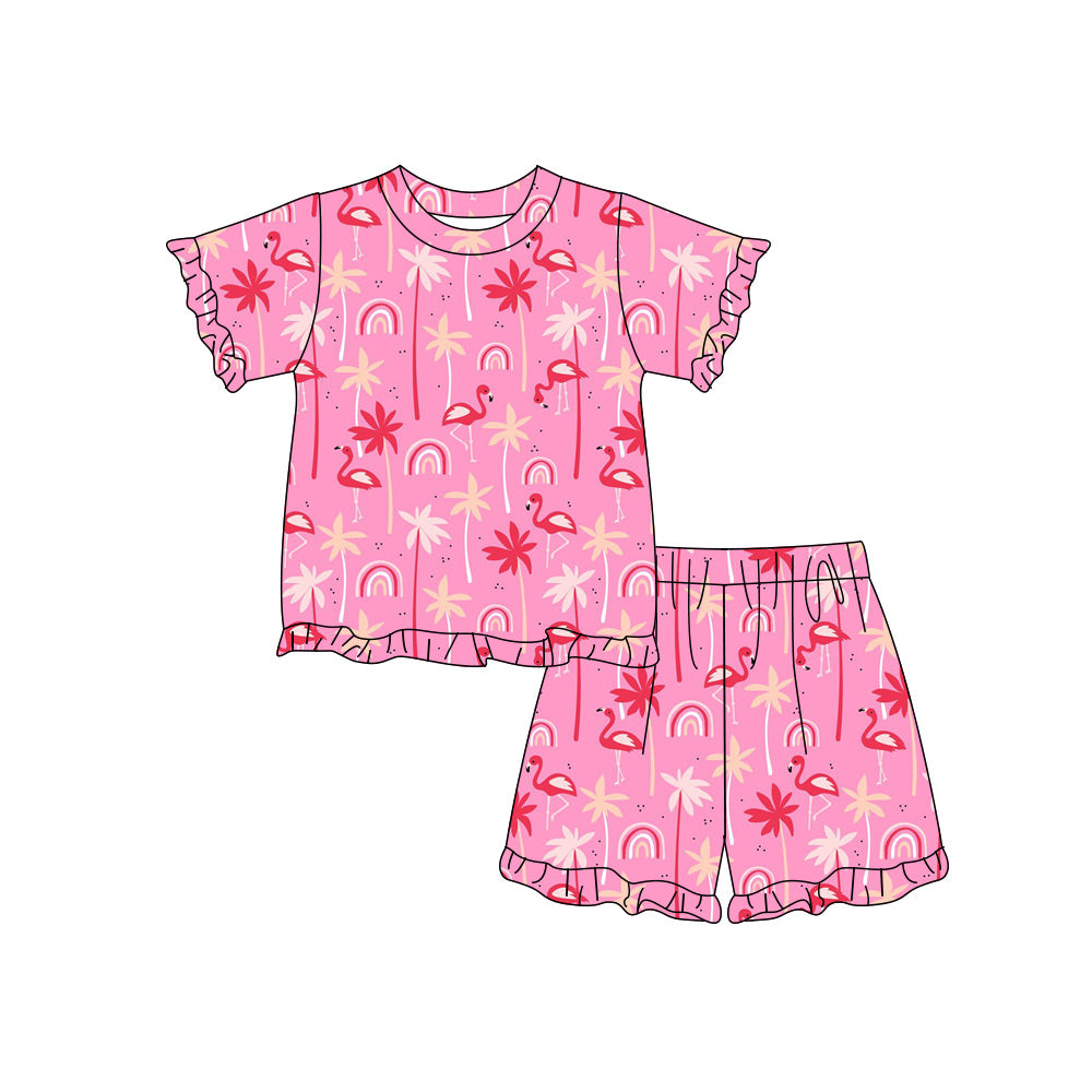 Preorder (moq 5)Baby Girls Short Sleeve Rainbows Beach Top Ruffle Short Clothes Sets