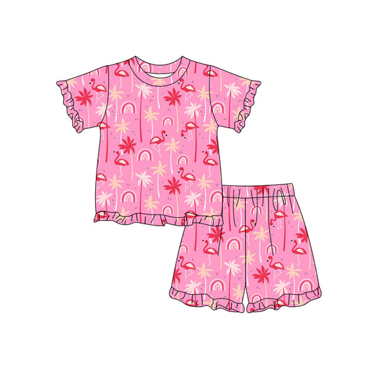 Preorder (moq 5)Baby Girls Short Sleeve Rainbows Beach Top Ruffle Short Clothes Sets