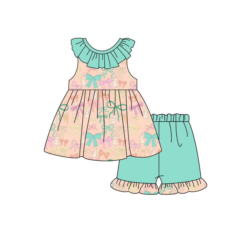 Preorder (moq 5)Baby Girls Colorful Bows Rabbits Tunic Ruffle Shorts Easter Clothes Sets