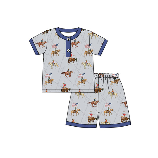Preorder moq 5 Baby Boys Horse Rodeo Flag Button Top Short 4th Of July Pajamas Set