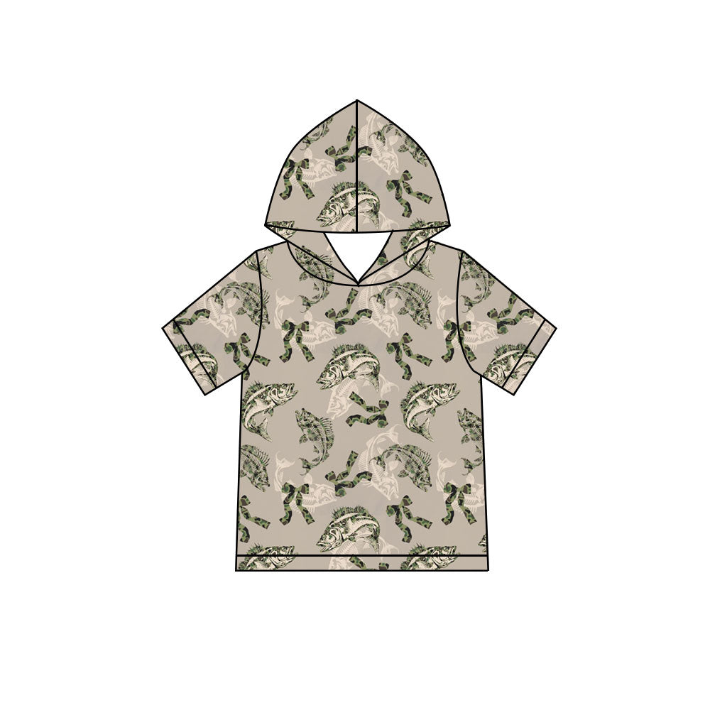 Preorder (moq 5) Baby Boy Clothes Skeleton Fish Camo Bow Print Short Sleeve Hooded Tee