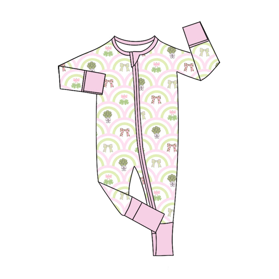 Preorder (moq 5) Baby Girls Clovers Rainbows St Patrick Two Way Zip Convertible Rompers