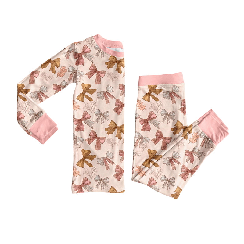 Preorder (moq 5)Baby Girls Colorful Bows Leaves Top Pant Fall Pajamas Sets