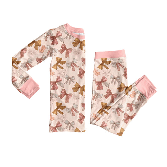 Preorder (moq 5)Baby Girls Colorful Bows Leaves Top Pant Fall Pajamas Sets
