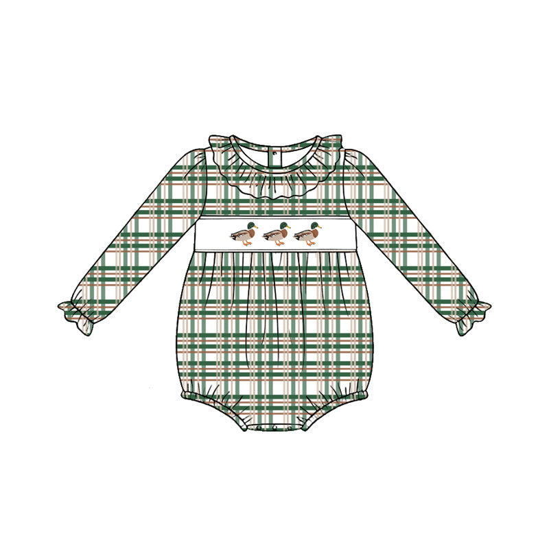 Preorder (moq 5)Baby Girls Long Sleeve Green Checked Ducks Hunting Ruffle Rompers