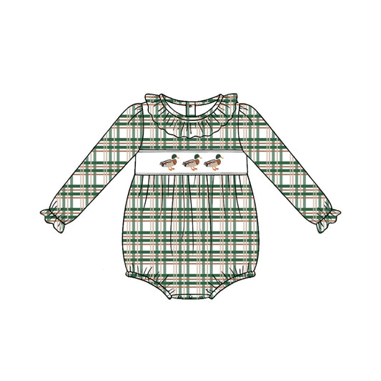 Preorder (moq 5)Baby Girls Long Sleeve Green Checked Ducks Hunting Ruffle Rompers