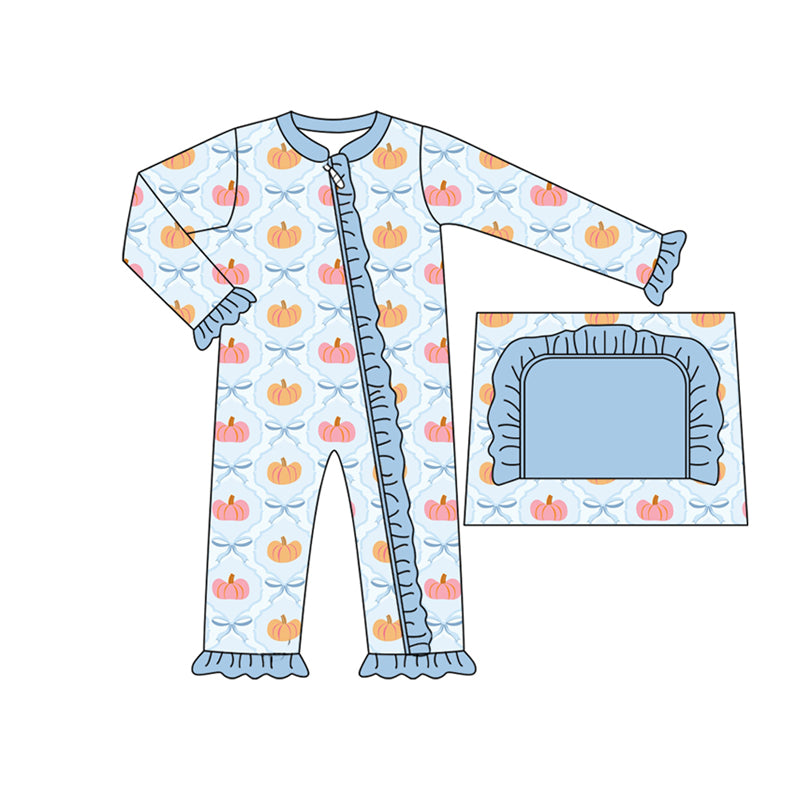 Preorder moq 5 Baby Infant Girls Long Sleeves Bows Pumpkins Plaid Ruffle Zipper Romper