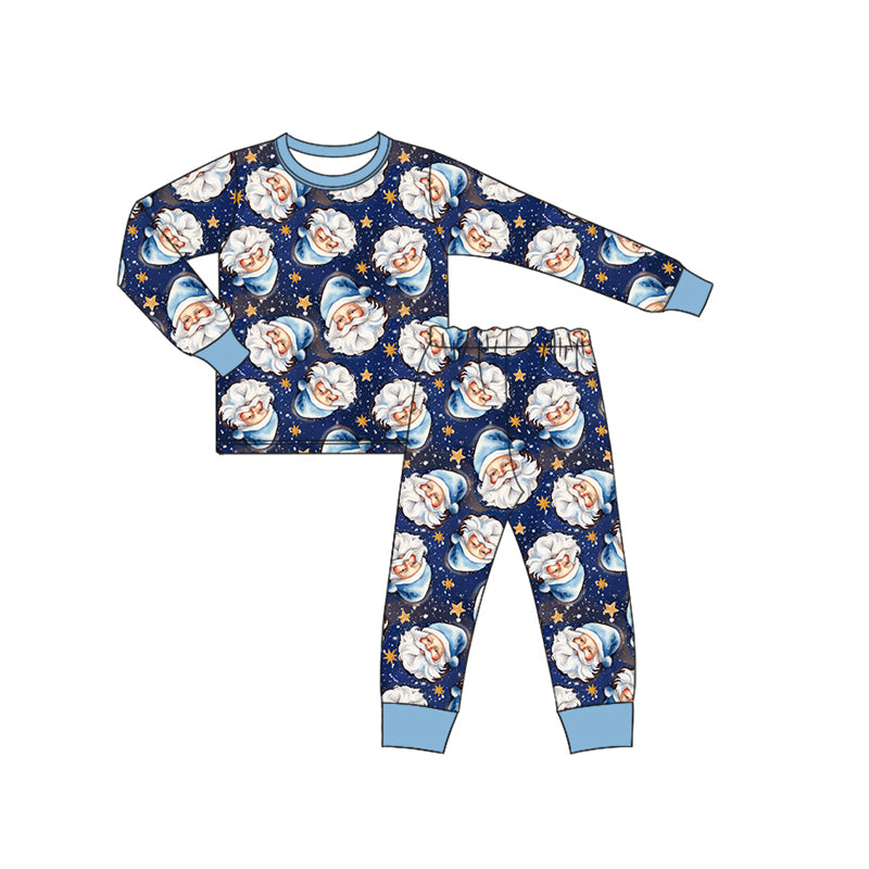 Preorder (moq 5)Baby Boys Hot Blue Long Sleeves Santa Stars Plaid Top Pant Pajamas Set