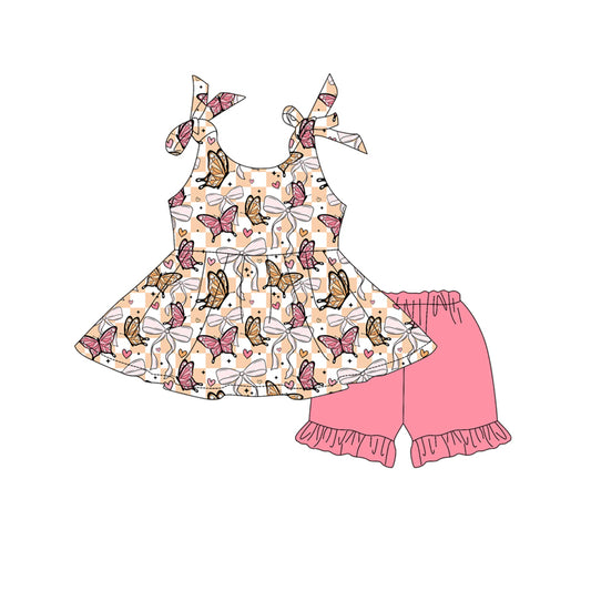 Preorder moq 5 Baby Girls Pink Bows Sleeveless Butterfly Hearts Tunic Ruffle Short Set