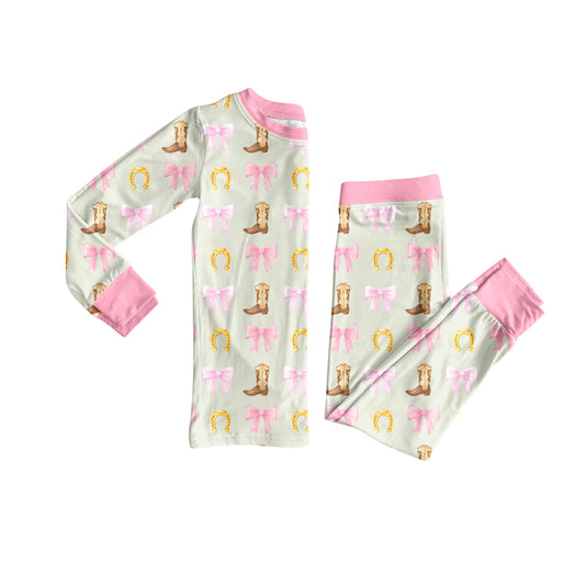 Preorder (moq 5)Baby Girls Long Sleeves Pink Bows Boots Top Pant Pajamas Set