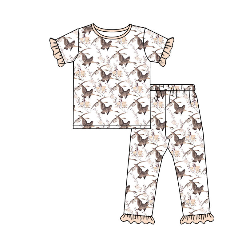Preorder (moq 5) Baby Girl Clothes Pheasant Floral Mixed Print Short Sleeve Ruffle Pant Set