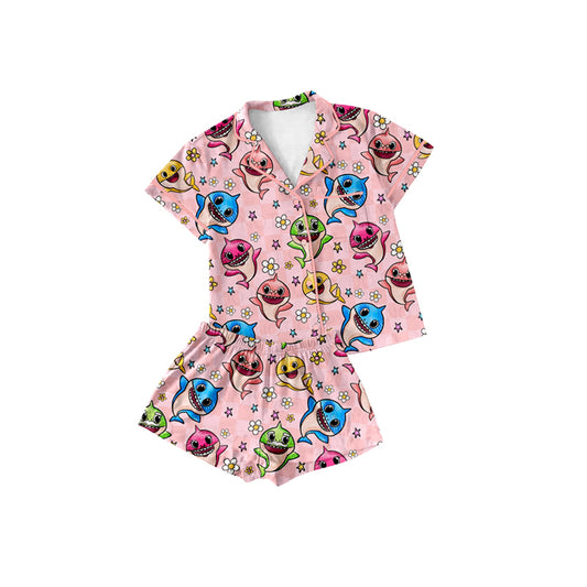 Preorder (moq 5)Baby Girls Pink Short Sleeves Cartoon Sharks Flowers Button Pocket Top Short Pajamas Sets