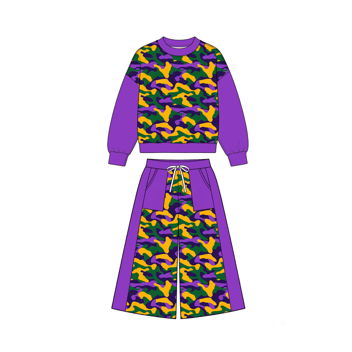 Pre-order(moq5)  Girls’ Purple Camouflage Fall Outfit Set, Long-Sleeve Top & Wide-Leg Pants, Matching Sister & Family Outfit