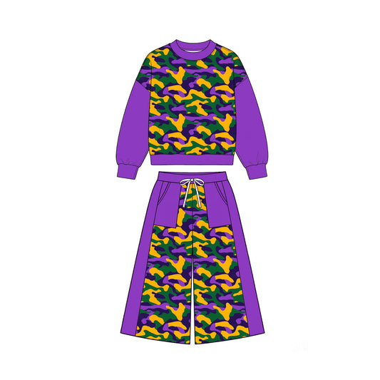 Pre-order(moq5)  Girls’ Purple Camouflage Fall Outfit Set, Long-Sleeve Top & Wide-Leg Pants, Matching Sister & Family Outfit