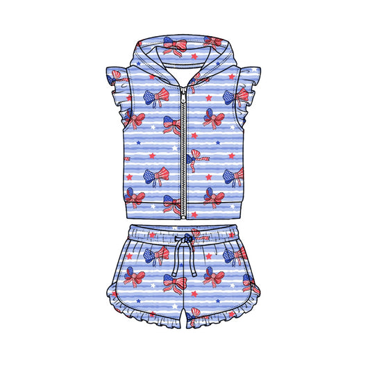 Preorder (moq 5)Baby Girls Flag Bows Stripe Hoodie Zip Jacket Ruffle Short 4th of July Clothes Sets