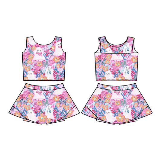 Preorder (moq 5)Baby Girls Sleeveless Pink Floral Ghosts Vest Top Skorts Set
