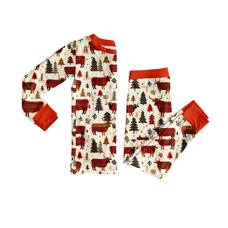 Preorder (moq 5)Baby Girls Christmas Trees Cows Top Pant Pajamas Set