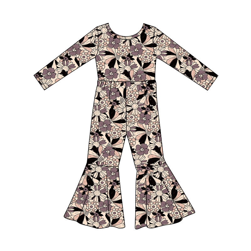 Preorder (moq 5)Baby Girls Long Sleeve Colorful Flowers Bell Bottom Jumpsuits