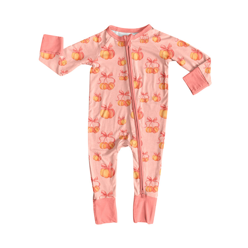 Preorder (moq 5)Baby Girls Long Sleeves Peach Bows Pumpkins Plaid Zipper Romper