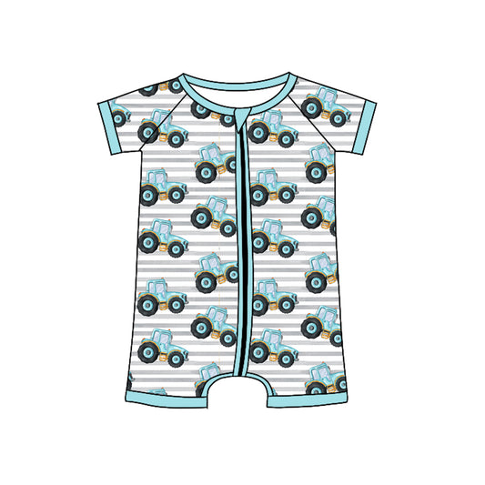 Preorder(moq 5)Baby Infant Boys Blue Trucks Zip Summer Rompers