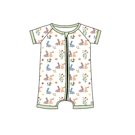 Preorder (moq 5)Baby Girls Colorful Flowers Rabbits Easter Zipper Shorts Rompers