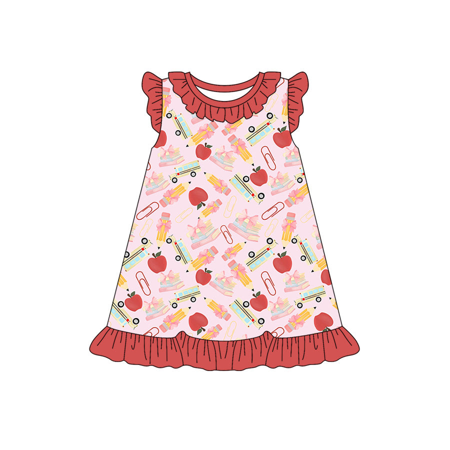 Preorder (moq 5)Baby Girls Flutter Sleeve Pencil Apples Back to School Ruffle Knee Length Dress