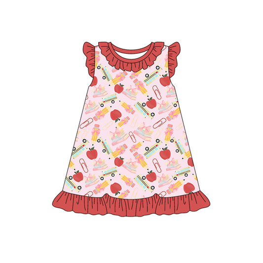 Preorder (moq 5)Baby Girls Flutter Sleeve Pencil Apples Back to School Ruffle Knee Length Dress