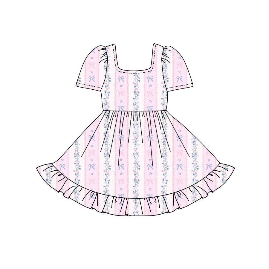 Preorder (moq 5)Baby Girls Pink Short Sleeves Flowers Bows Stripe Ruffle Knee Length Dresses