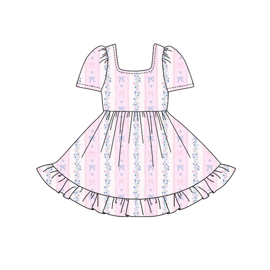 Preorder (moq 5)Baby Girls Pink Short Sleeves Flowers Bows Stripe Ruffle Knee Length Dresses