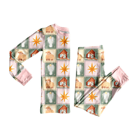 Preorder (moq 5)Baby Girls Pink Plaid Nativity Top Pants Christmas Pajamas Clothes Set