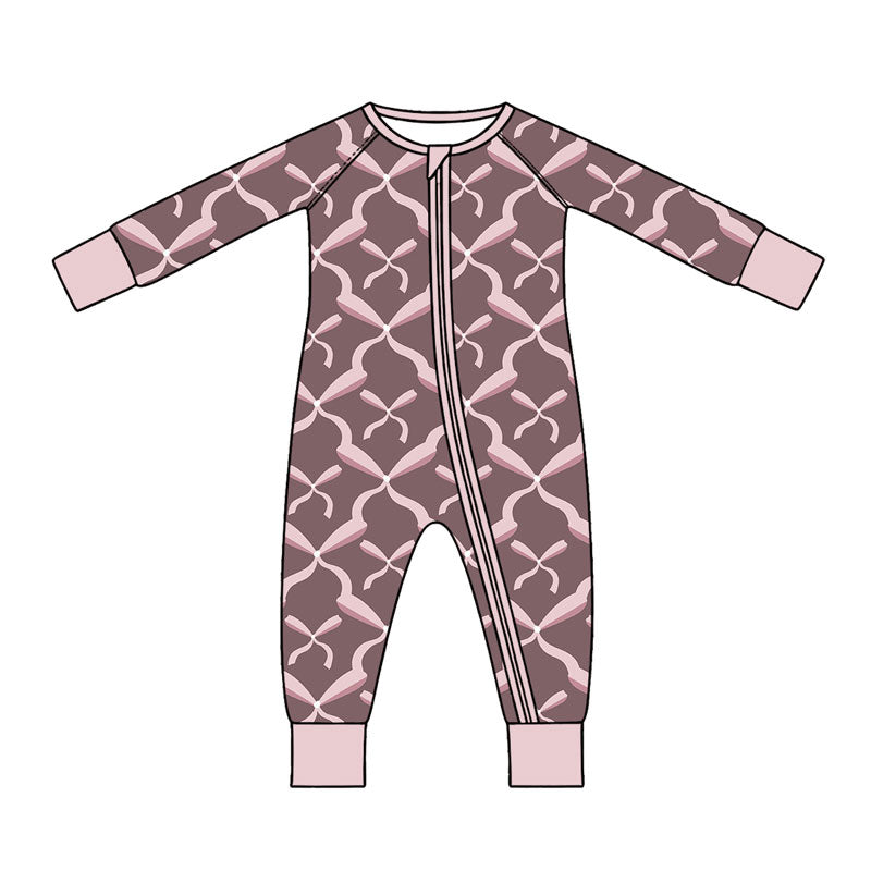 Preorder (moq 5) Baby Girl Clothes Pink Bow Lattice Geometric Print Long Sleeve Zipper Romper