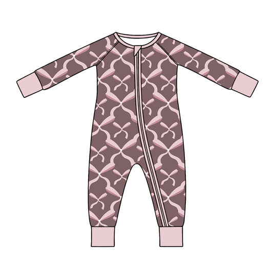 Preorder (moq 5) Baby Girl Clothes Pink Bow Lattice Geometric Print Long Sleeve Zipper Romper