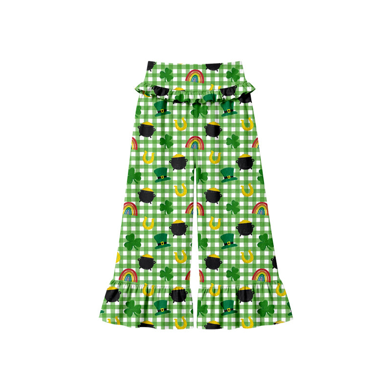 Preorder (moq 5) Baby Girl Clothes St Patricks Gnome Clover Gingham Mixed Print Long Waist Ruffle Bell Bottom Pants