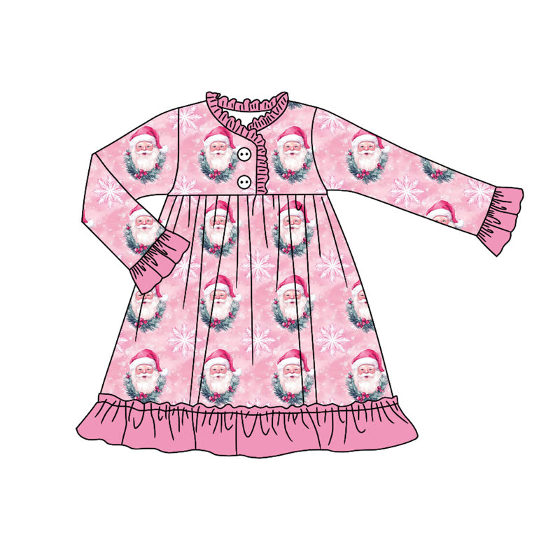 Preorder (moq 5)Baby Girls Pink Santa Snowflake Christmas Button Ruffle Knee Length Dress