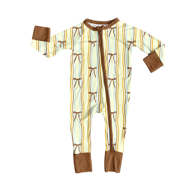 Preorder (moq 5)Baby Girls Yellow Stripe Bows Zipper Footie Rompers