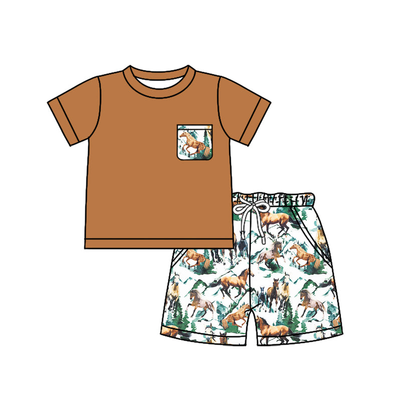 Preorder (moq 5)Baby Boys Brown Short Sleeves Pocket Top Horses Mountains Short Sets