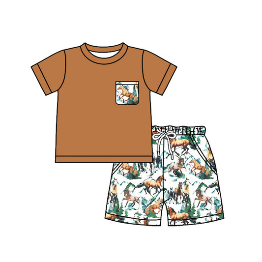 Preorder (moq 5)Baby Boys Brown Short Sleeves Pocket Top Horses Mountains Short Sets