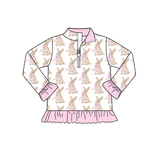 Preorder (moq 5) Baby Girl Clothes Watercolor Bunny Pink Bow Allover Print Long Sleeve Quarter Zip Ruffle Hem Top