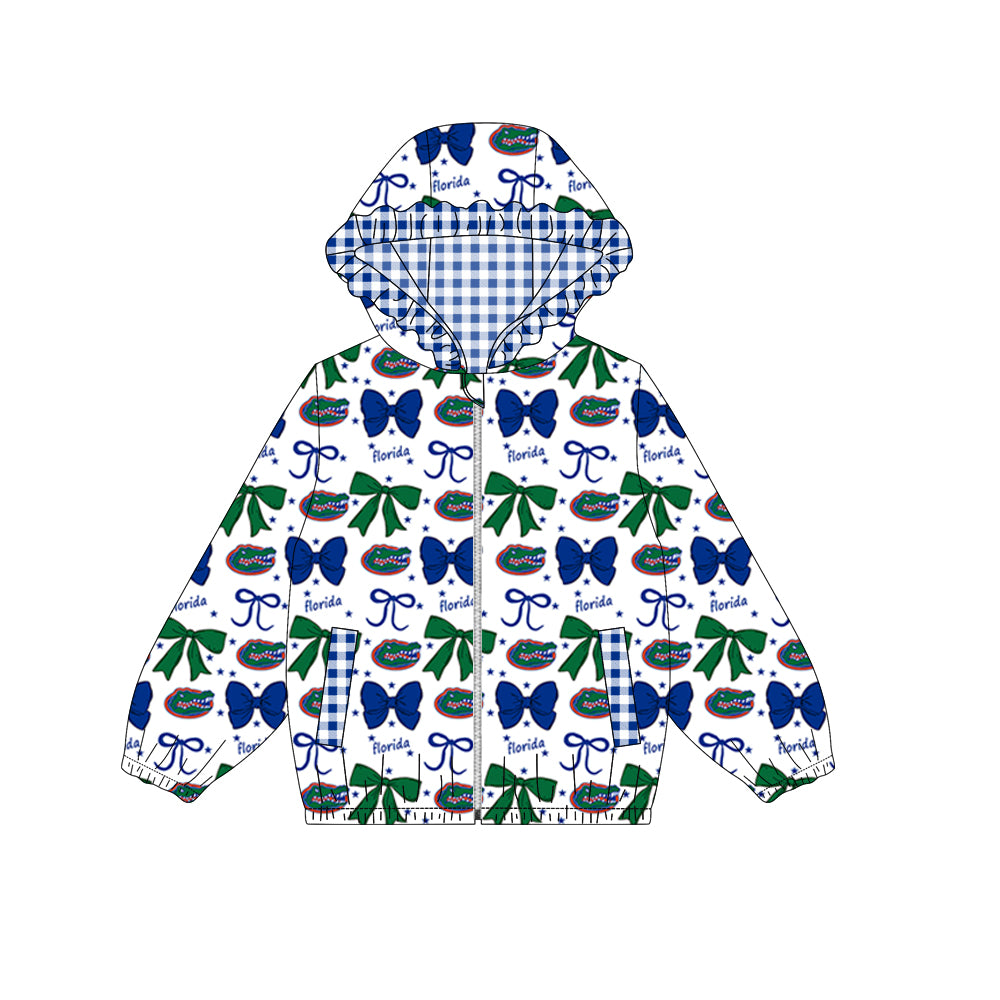 Preorder (moq 5)Baby Girls Green Florida Bows Zip Ruffle Hooded Cardigan Jackets Tops