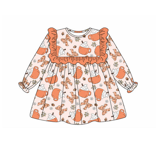 Preorder (moq 5)Baby Girls Long Ruffle Sleeves Orange Bows Cake Cups Knee Length Dresses