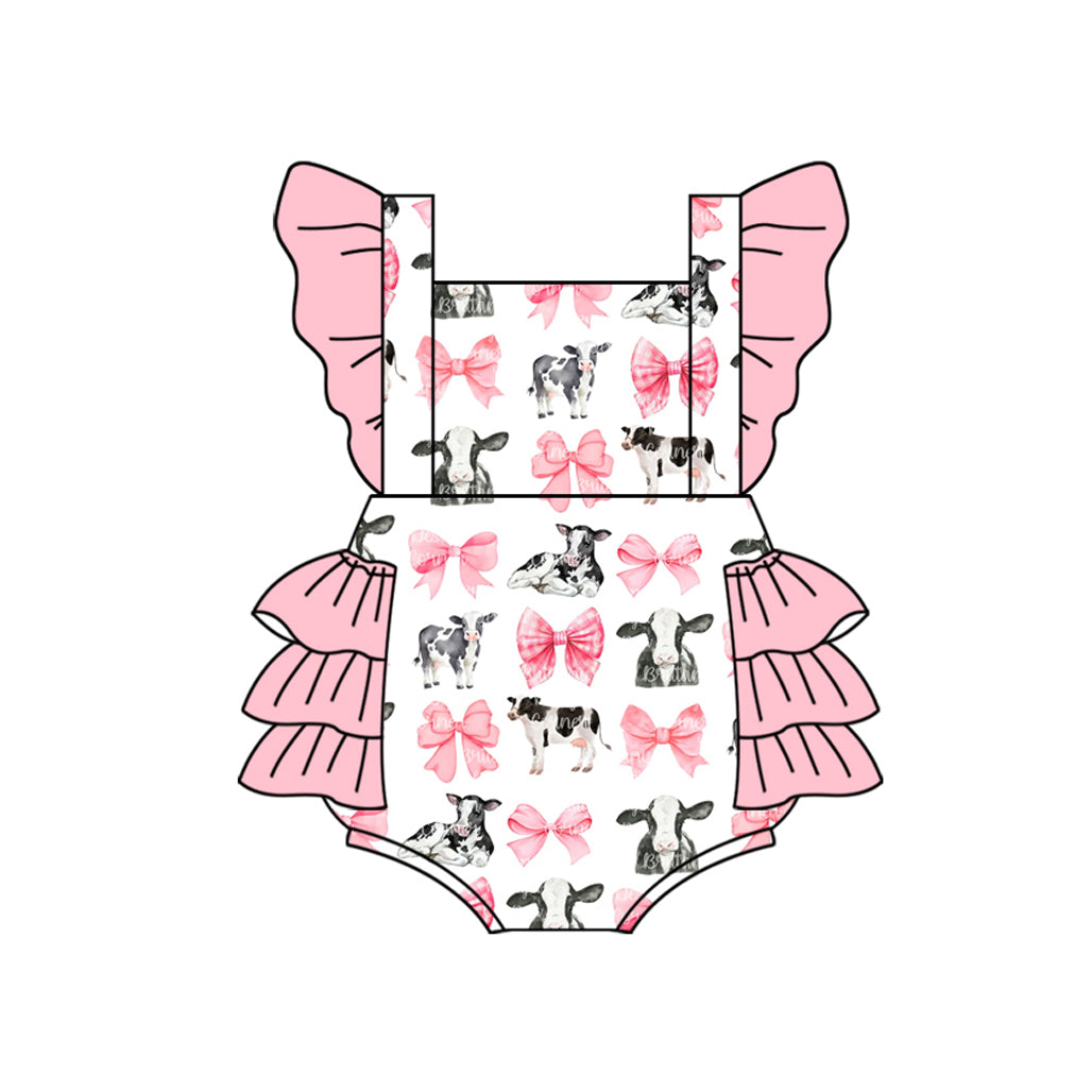 Preorder(moq 5)Baby Infant Girls Pink Bows Cows Bubble Rompers