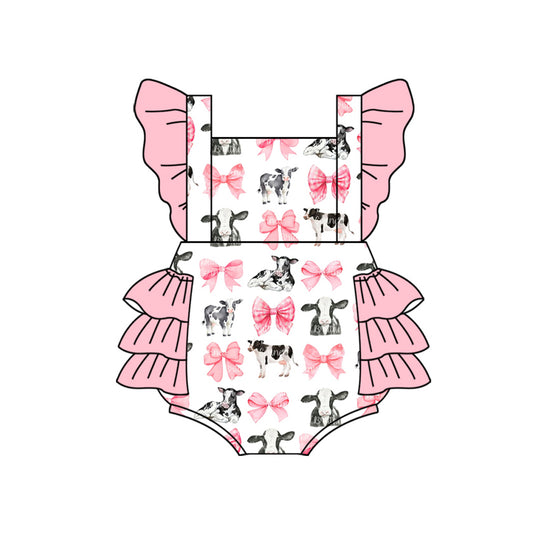 Preorder(moq 5)Baby Infant Girls Pink Bows Cows Bubble Rompers