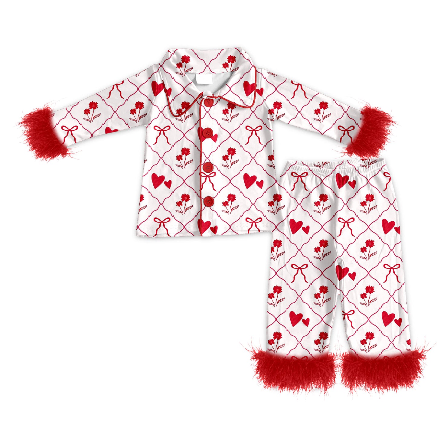 Preorder (moq 5)Baby Girls Red Flowers Hearts Checked Button Top Pants Valentines Fur Sleeve Pajamas Sets