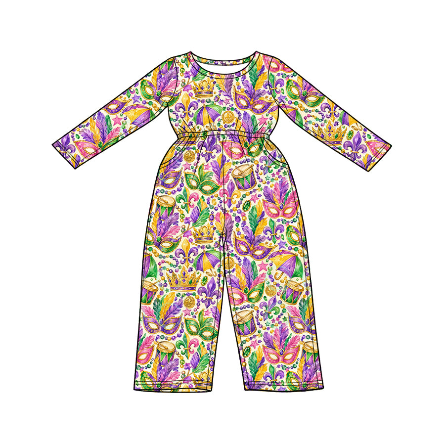 Preorder (moq 5) Baby Girls Long Sleeve Mardigras Masks Crowns Pockets Pant Jumpsuits