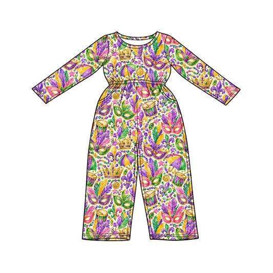Preorder (moq 5) Baby Girls Long Sleeve Mardigras Masks Crowns Pockets Pant Jumpsuits