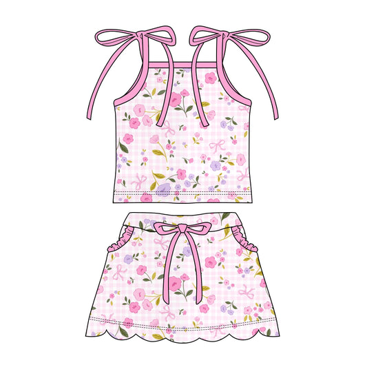 Preorder moq 5 Baby Girls Strap Pink Bows Flowers Top Pockets Scallop Skirt Short Clothes Sets