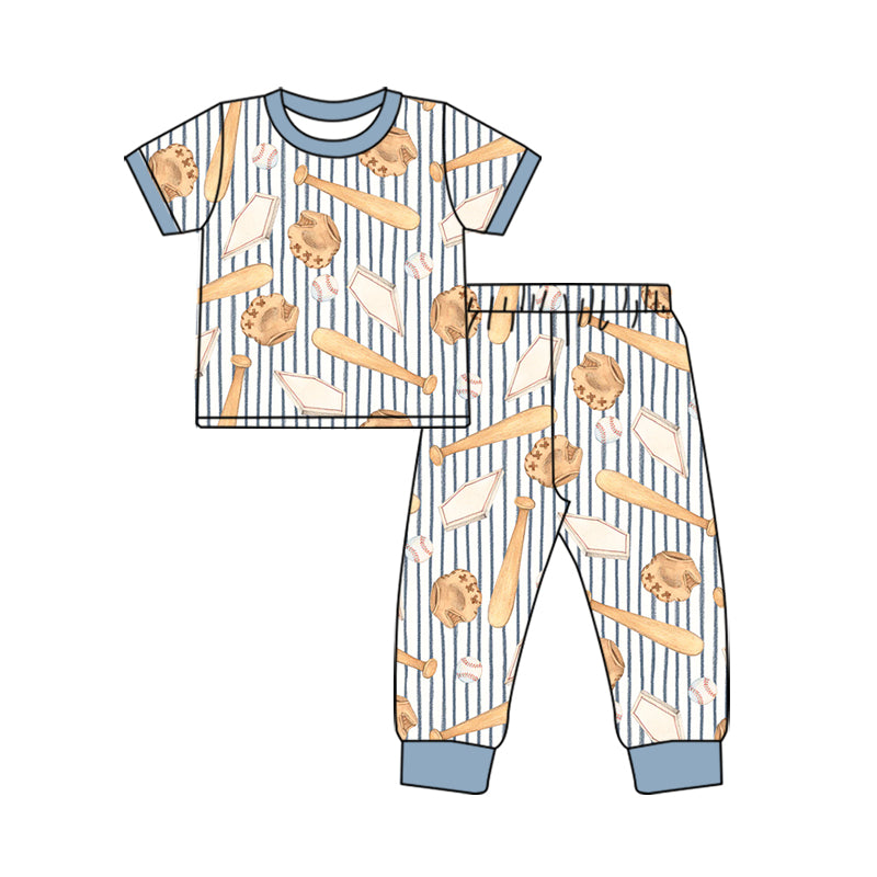 Preorder (moq 5) Baby Boy Clothes Baseball Glove Bat Stripe Print Short Sleeve Top Long Jogger Pants Outfit Set