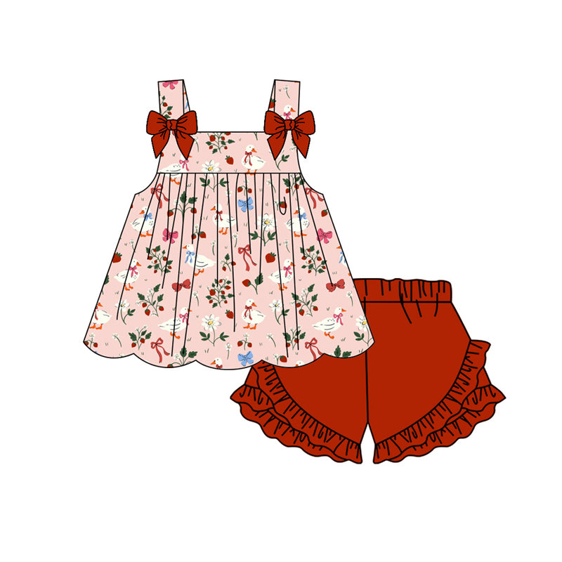Preorder moq 5 Baby Girls Strap Gooses Strawberry Tunic Ruffle Shorts Clothes Set