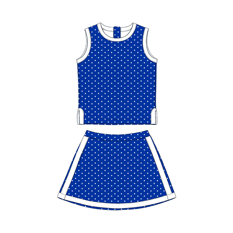 Preorder (moq 5) Girls Blue & White Polka Dot Color-Block Sleeveless Tank Top & Skirt 2-Piece Set